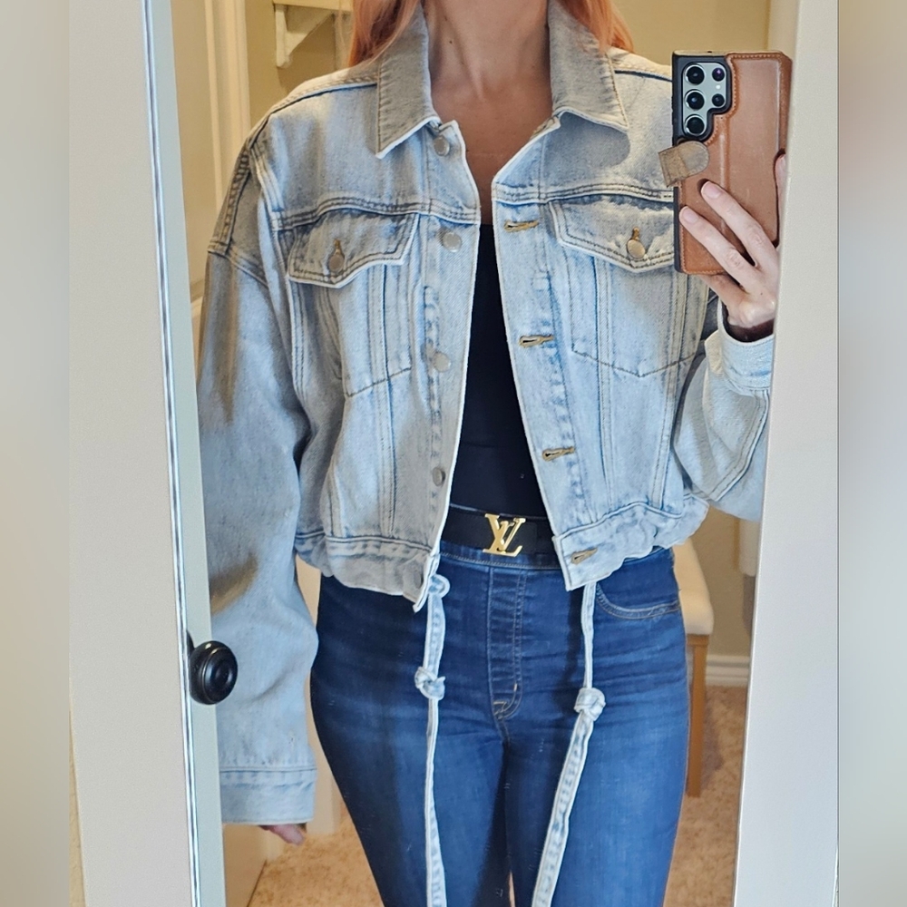 Alexander Wang Drawstring Hem Crop Denim Trucker Jacket